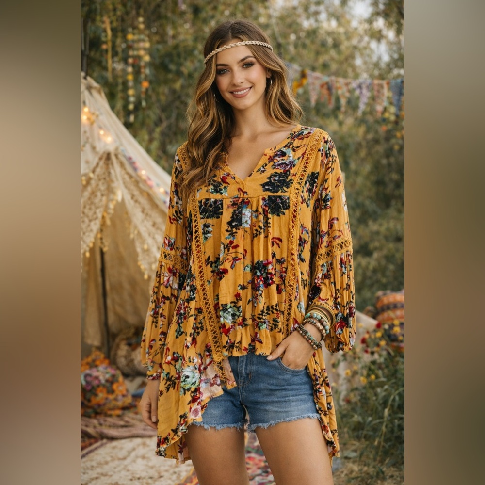 ANDTHEWHY Asymertrical Floral Yellow Tunic Top